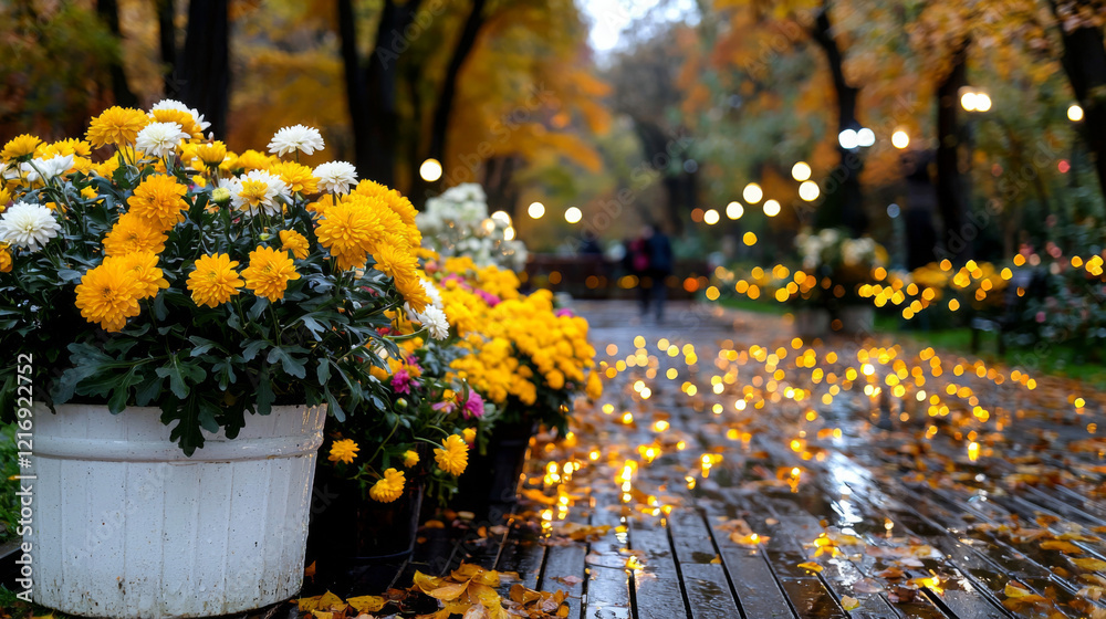 Obraz premium Vibrant autumn flowers with fairy lights in a city park during rainy evening