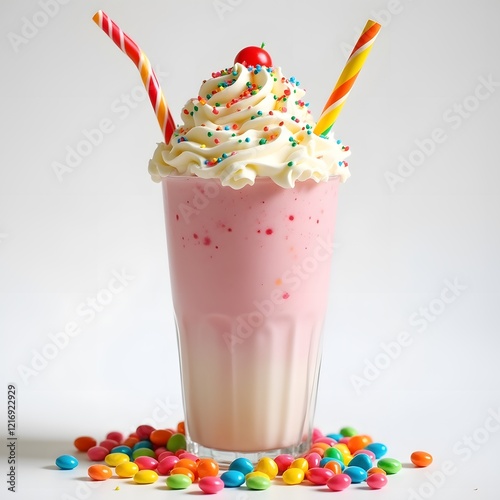 A milkshake with colorful candy and whipped cream overflowing the top