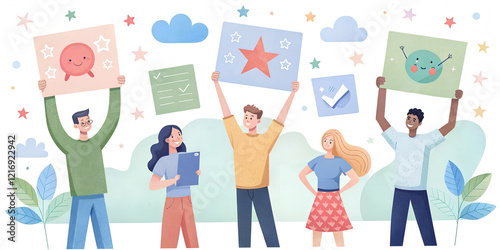 Group of diverse individuals celebrating creativity and expression with colorful illustrations and symbols in a vibrant outdoor setting