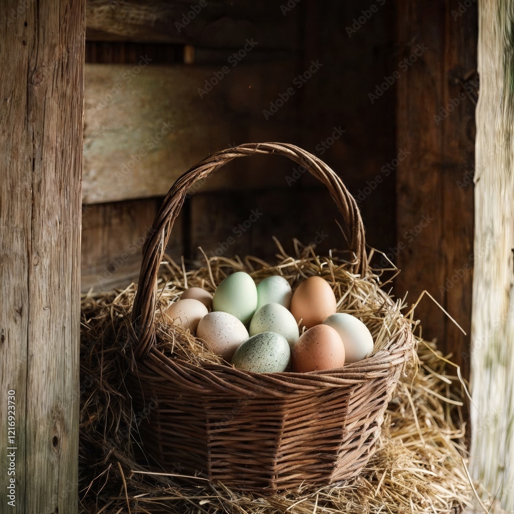 Natural Easter Basket. Rustic wicker basket filled with pastel colored eggs nestled in straw, photographed in atmospheric barn setting.