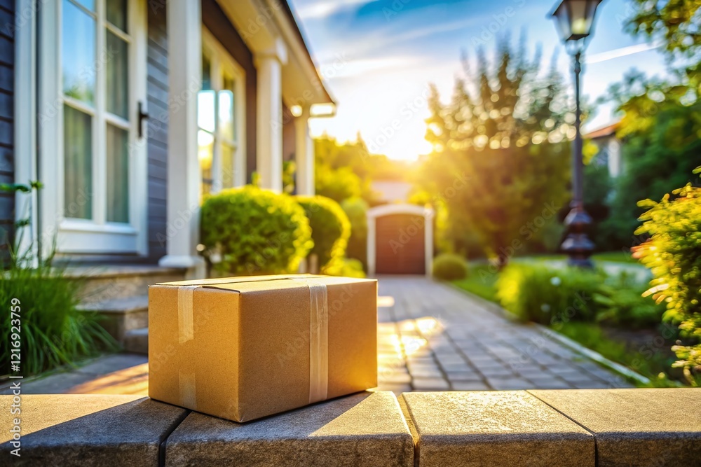 Fast Delivery Service: Package Arriving at Doorstep, High Depth of Field Fast Delivery Service: Package Arriving at Doorstep, High Depth of Field