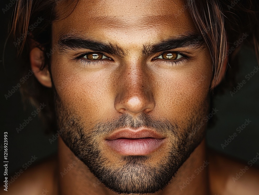 Obraz premium Close-up of a man with striking features showcasing a thoughtful expression in natural light