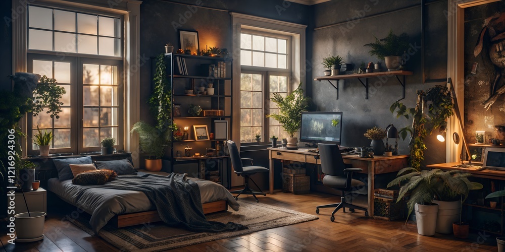 Obraz premium Messy nostalgic bedroom with warm light illuminating plants, a computer setup, and cozy decor