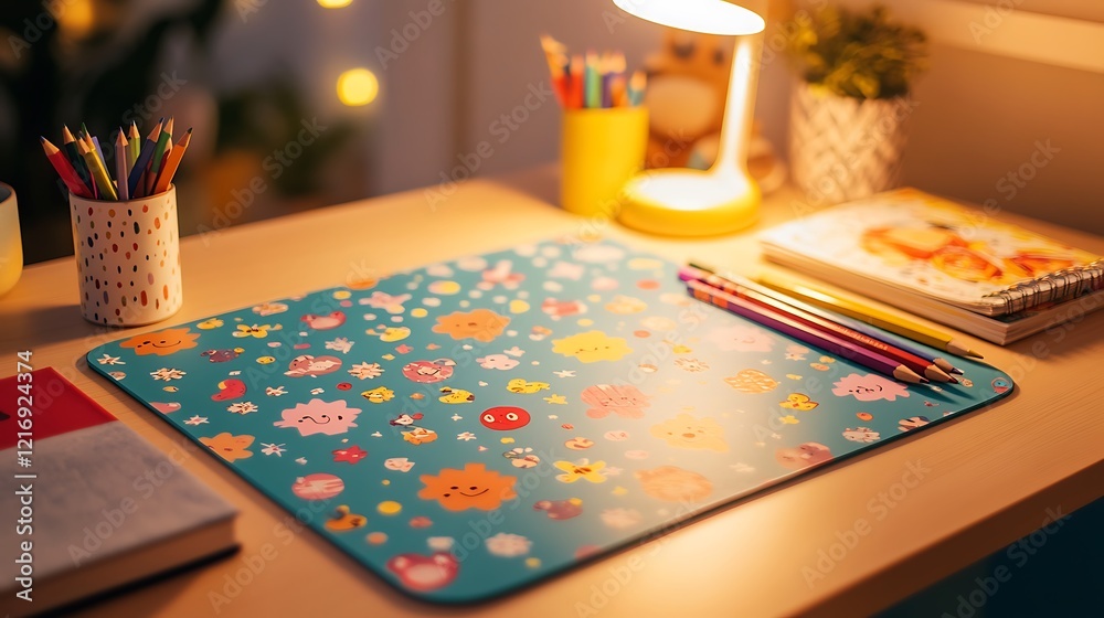 Child's desk with colorful pencils, notebooks, and a cute patterned mousepad. Child's desk with colorful pencils, notebooks, and a cute patterned mousepad.