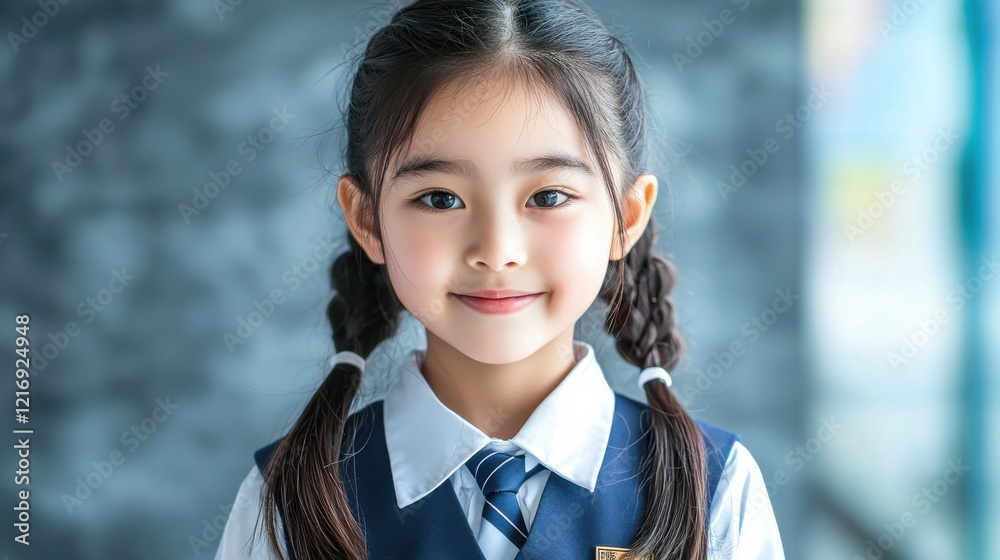 Young girl with braided hair smiles warmly, wearing a school uniform in a well-lit indoor setting with a soft focus background Young girl with braided hair smiles warmly, wearing a school uniform in a well-lit indoor setting with a soft focus background