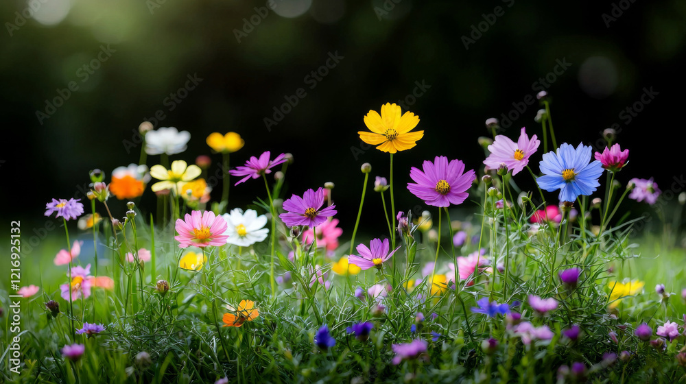 Fototapeta premium Colorful flowers blooming in a lush green garden during springtime