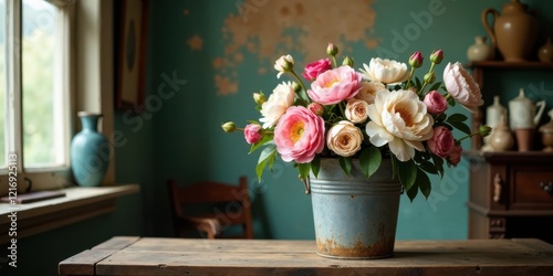 Fototapeta Naklejka Na Ścianę i Meble -  A rustic bouquet of delicate pink and cream roses arranged in a weathered zinc bucket sits on a wooden table near a vintage window