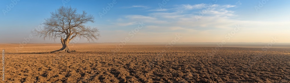 Fototapeta premium drought disaster preparedness concept. A solitary tree stands in a vast, arid landscape under a clear blue sky.