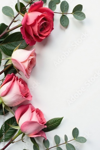 Delicate pink and crimson roses arranged with lush green leaves on a pristine white backdrop, creating a vibrant and elegant floral composition.