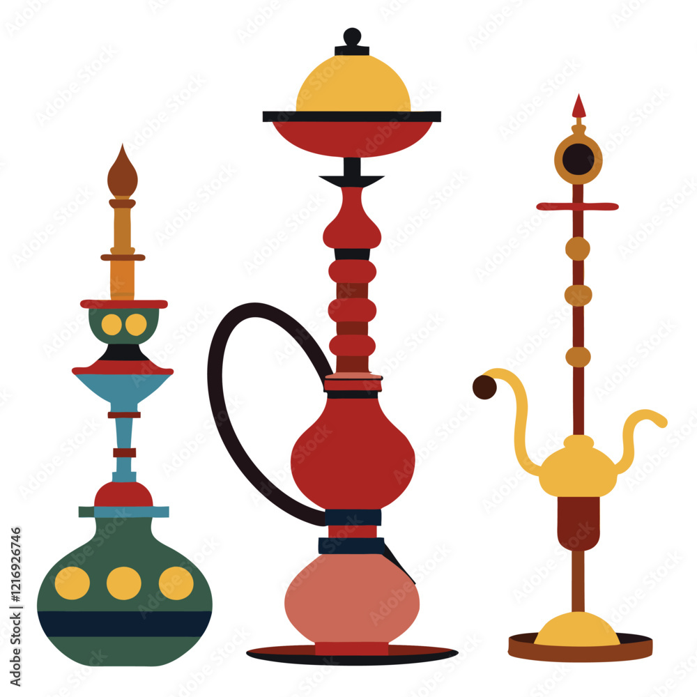 Set of Hookahs Shishas Vector Illustration - Cartoon, Clipart, Line Art Design for Printable Graphics.eps