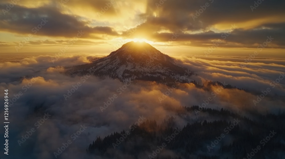 Fototapeta premium Majestic sunrise over a mountain peak above the clouds showcasing rich colors and serene beauty at dawn