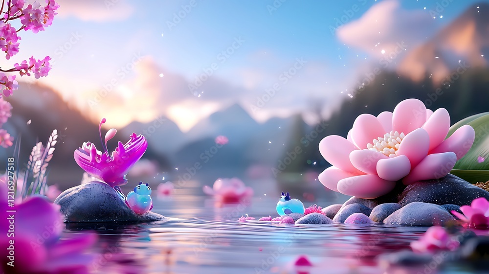 Obraz premium Serene Lakeside Scene with Pink Lotus and Cherry Blossoms