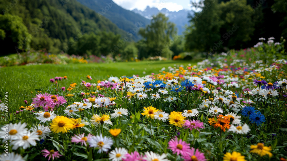 Vibrant meadow filled with colorful flowers under a clear blue sky Vibrant meadow filled with colorful flowers under a clear blue sky
