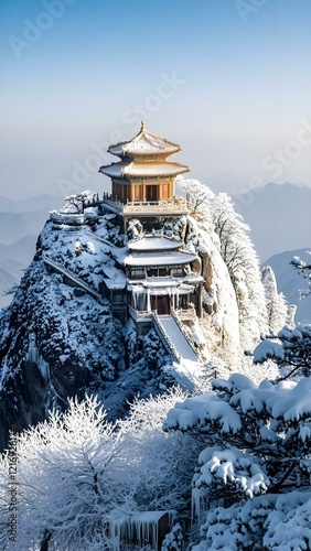 A majestic snow - laden Chinese architectural wonder on a mountain, with icicles and frosty trees. Great for calendars, travel magazines, and cultural merchandise.  photo