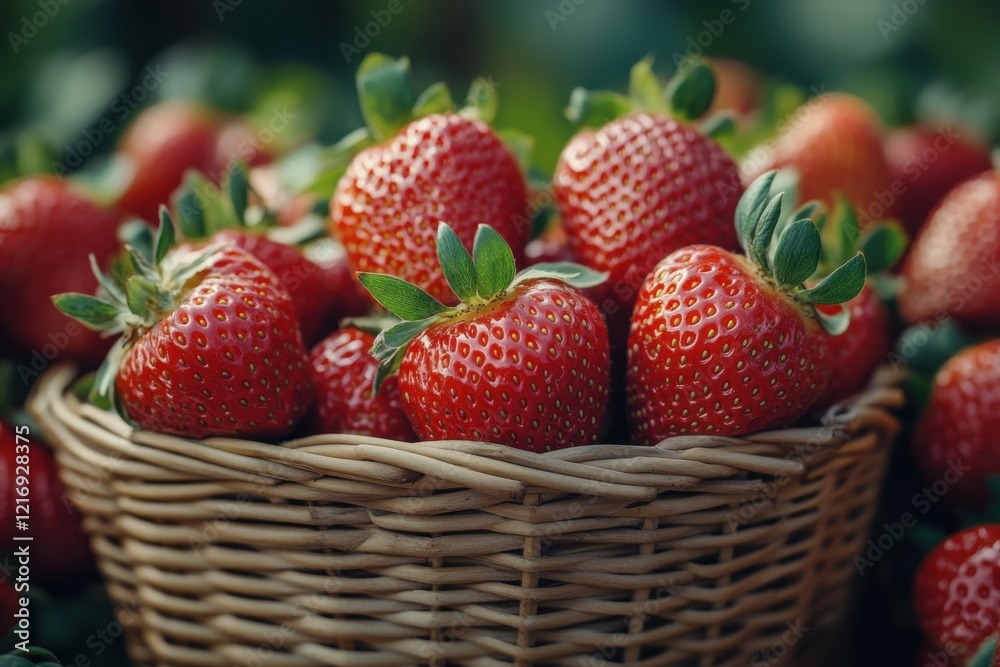 Freshly harvested strawberries in a woven basket on a sunny day at a local farm market showcasing vibrant red fruit Freshly harvested strawberries in a woven basket on a sunny day at a local farm market showcasing vibrant red fruit