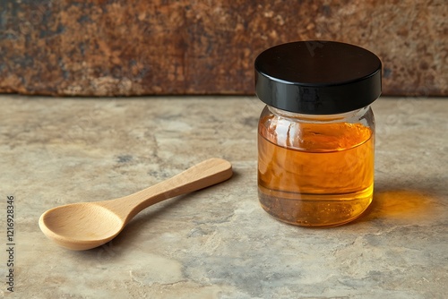 Golden Syrup in a Glass Jar with Wooden Spoon photo