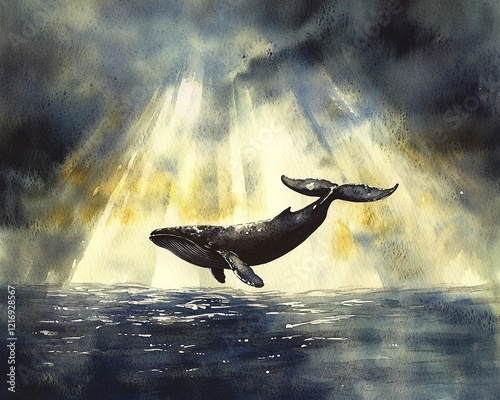 Watercolor and ink artwork of a whale swimming under rays of sunlight in a tranquil ocean setting photo