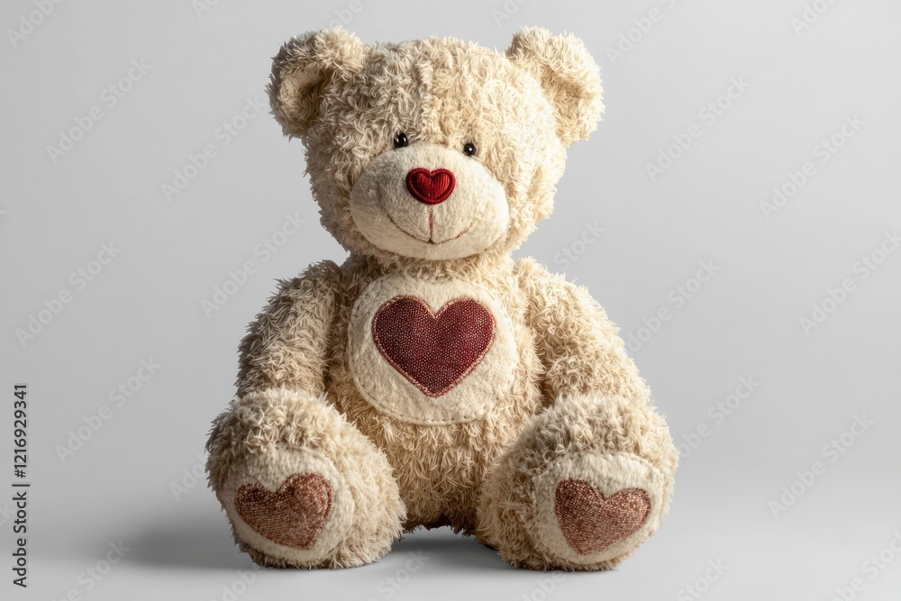 a teddy bear with heart-shaped patches embosed on its paws, isolated on transparent background, ideal for graphic design. a teddy bear with heart-shaped patches embosed on its paws, isolated on transparent background, ideal for graphic design.