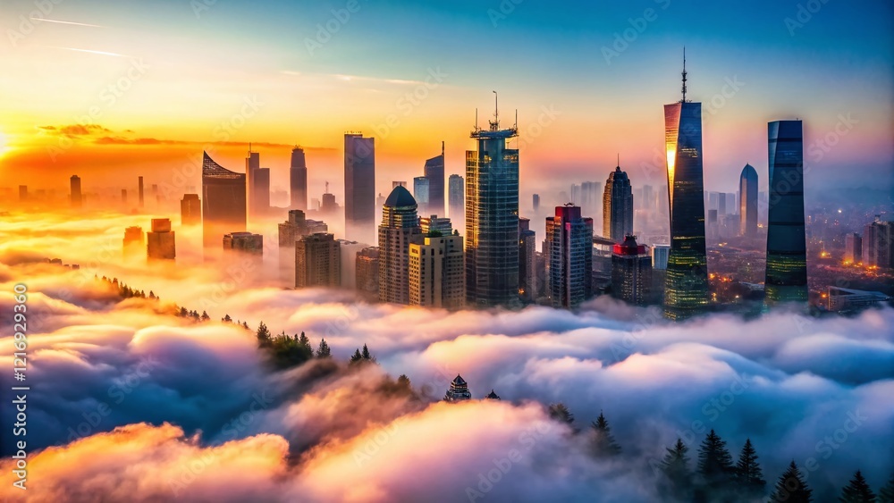 Obraz premium Foggy Cityscape Inflation: Rising Prices & Economic Uncertainty Stock Photo