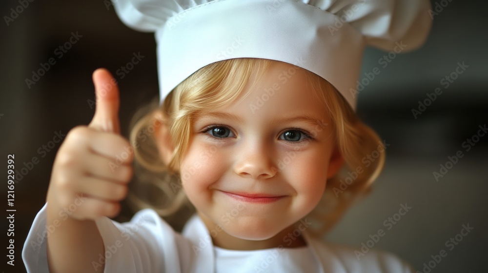 Young chef gives thumbs up while wearing a white chef hat in a cozy kitchen Young chef gives thumbs up while wearing a white chef hat in a cozy kitchen