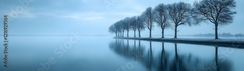 Wallpaper Mural Frosty trees mirrored, calm lake, misty dawn, winter peace Torontodigital.ca