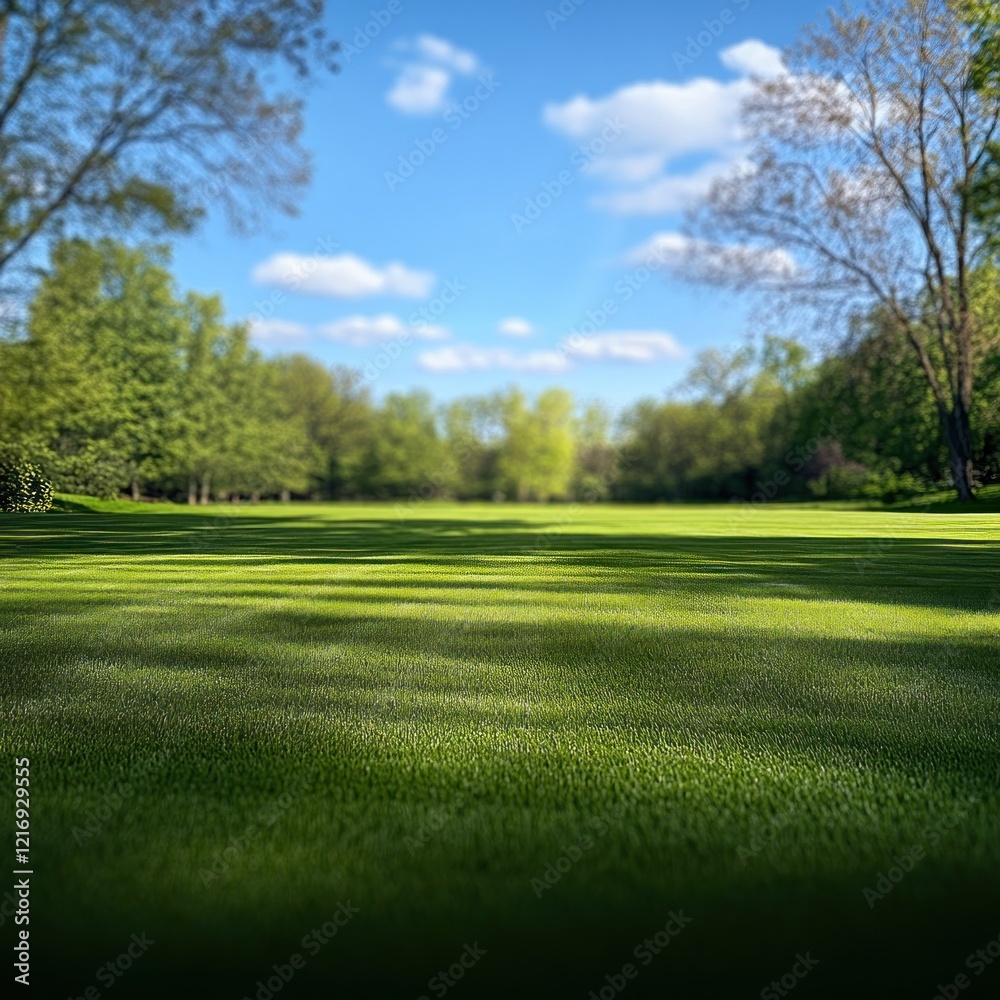 Naklejka premium Lush green park lawn, sunny day, tree backdrop, serene nature scene