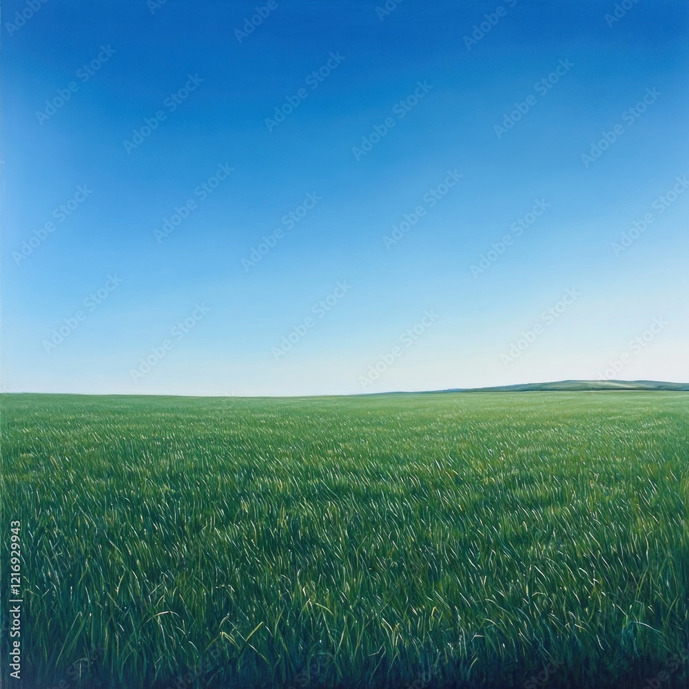 Obraz premium Serene green field under a clear blue sky, landscape photography for websites or publications