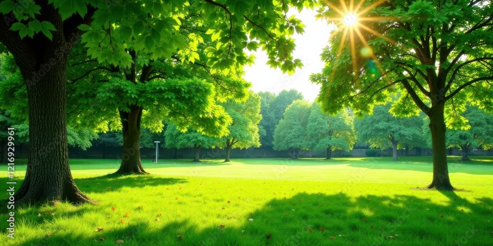 Obraz premium Serene Summer Sunlight Illuminating Lush Green Meadow Park Landscape with Vibrant Foliage and Majestic Trees