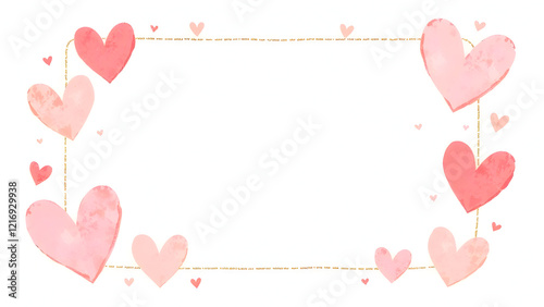 Romantic watercolor heart frame with a delicate gold border, perfect for love-themed invitations, wedding stationery, or Valentine's Day greeting cards. Selective focus