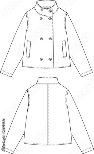 funnel collared long sleeve double breasted buttoned welt pocketed slouchy loose oversize jacket coat outerwear template technical drawing flat sketch cad mockup fashion woman design style model 
