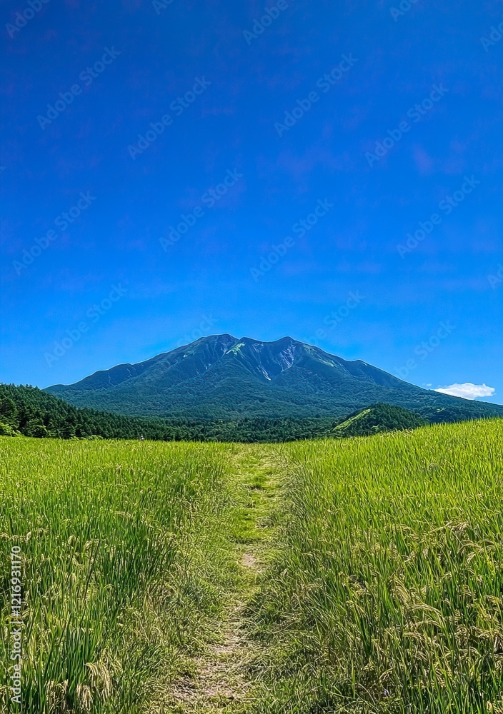 Fototapeta premium beautiful view of grassy mountain with blue sky in the background, there is an abandoned trail on top of it and some people walking around.