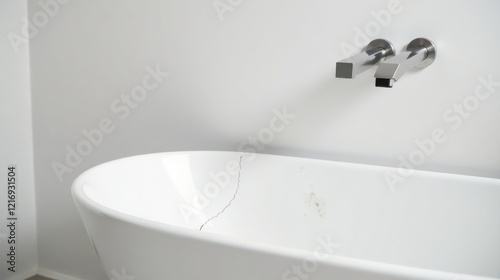 A Modern Freestanding Tub with a Subtle Crack and Minimalist Faucet Fixtures