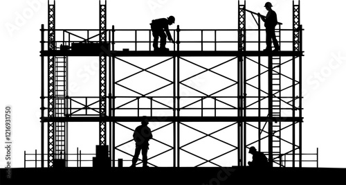 Vektor Silhouette Gerüst mit Arbeitern - Gerüstbau 