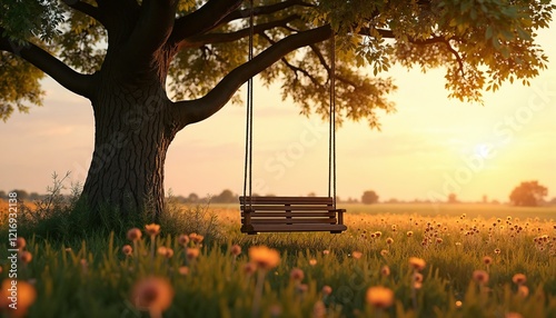Romantic couple's swing hanging from a tree, set against a golden sunset and blooming flowers in a field