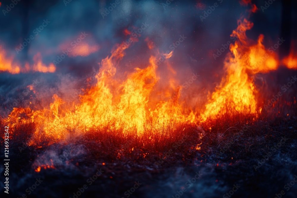 A fire burning in dry grass, with flames and smoke A fire burning in dry grass, with flames and smoke