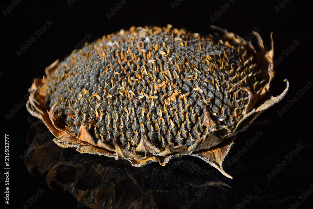 Obraz premium Dried sunflower head on the table. Ripen sunflower head with seeds Isolated on black background.
