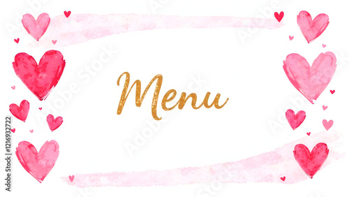 Romantic watercolor heart menu template with elegant gold lettering, perfect for weddings, Valentine's Day dinners, and love-themed restaurant events. Selective focus