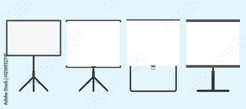 Set of presentation screen boards, Empty Projection screen, Presentation projector screen, Blank white board.