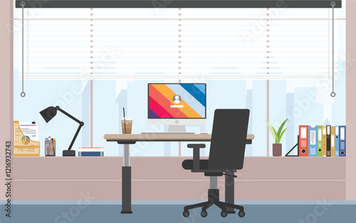 Office desk with computer monitor in front view, Private working room with monitor and desk.