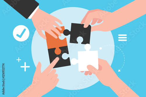 Business teamwork organization aor company working together concept, Complete jigsaw puzzle with teamwork by each hand.