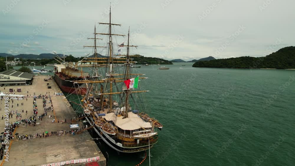 Sailing ship at the sea pier. Drone video. Part 1