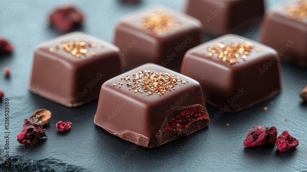 Gourmet dark chocolate raspberry squares, gold flakes, slate Gourmet dark chocolate raspberry squares, gold flakes, slate