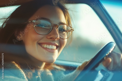 A woman wearing glasses drives a car on the road