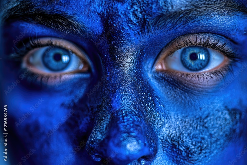 A close-up shot of a person with blue face painting, possibly for a costume or art project A close-up shot of a person with blue face painting, possibly for a costume or art project
