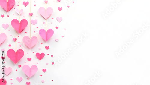 Romantic paper heart decorations hanging on a white background with scattered small hearts, perfect for Valentine's Day, wedding invitations, and love-themed designs. Selective focus