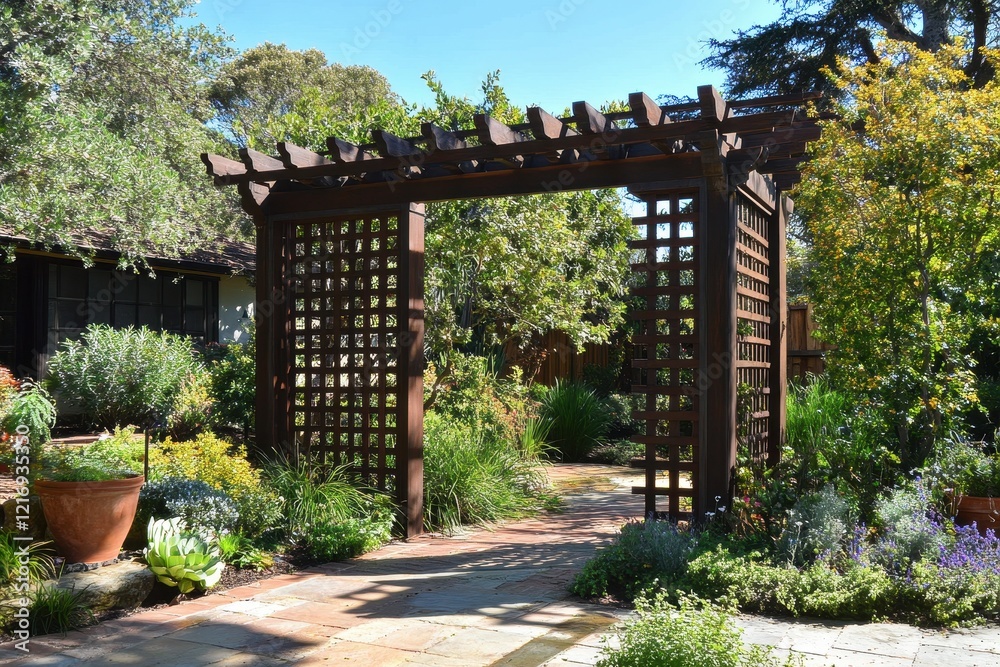 Craftsman style garden trellis with wooden latticework and climbing plants . A serene garden featuring a wooden arbor surrounded by vibrant potted plants, creating a tranquil outdoor space. Craftsman style garden trellis with wooden latticework and climbing plants . A serene garden featuring a wooden arbor surrounded by vibrant potted plants, creating a tranquil outdoor space.