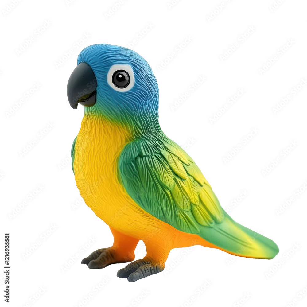 Fototapeta premium Colorful toy parrot on a plain background offers playful decoration