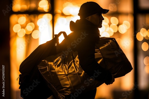 Silhouette of a burglar stealthily entering a home with a backpack in the dark of night photo