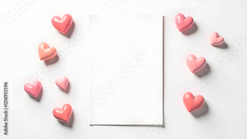 Minimalistic stationery mockup featuring a blank page surrounded by glossy pink hearts, suitable for Valentine's Day promotions, wedding menus, or personal messages. Selective focus