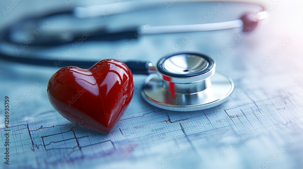 Stethoscope and red heart on electrocardiogram background representing cardiovascular health, medical diagnostics, and healthcare equipment for heart disease awareness and cardiology concepts